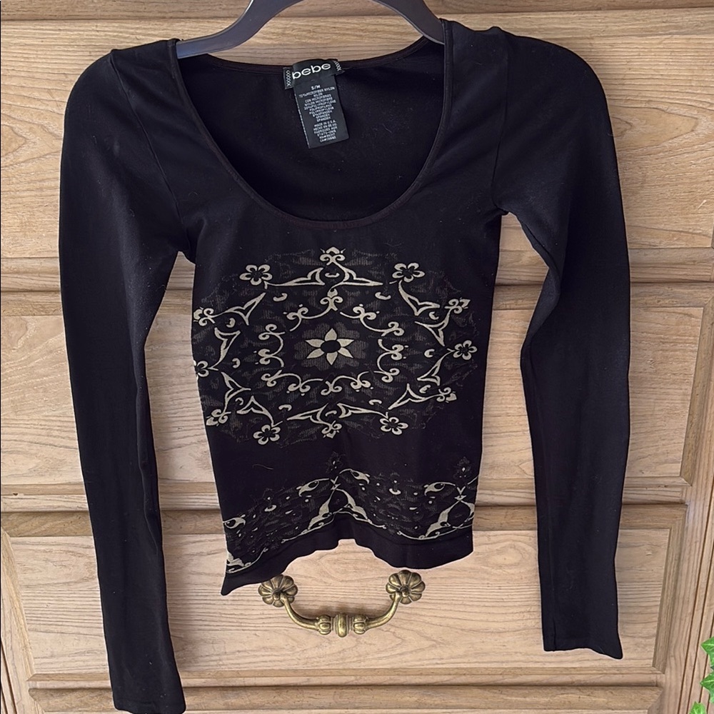 Bebe Black Long Sleeve Top with Gold Accents